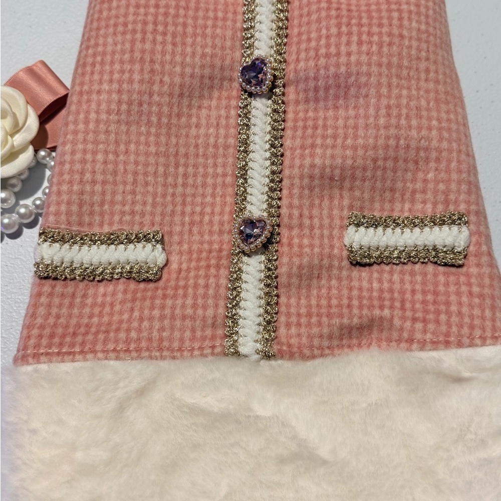Elegant Pink Dog or Cat Fancy Jacket Coat Dress Outfit with Pearls and Faux Fur - Picture 14 of 15